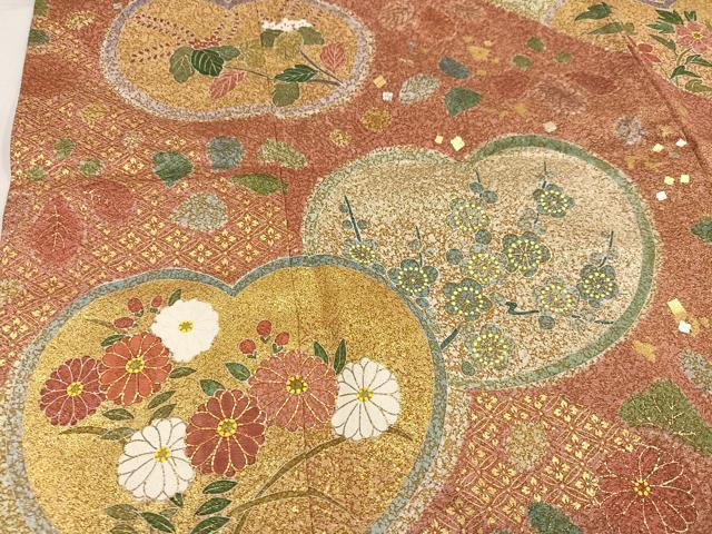 平和屋着物●京友禅の第一人者 松井青々 訪問着 駒刺繍 雪輪草花文 金彩 金通し地 正絹 逸品 AABF4494ph