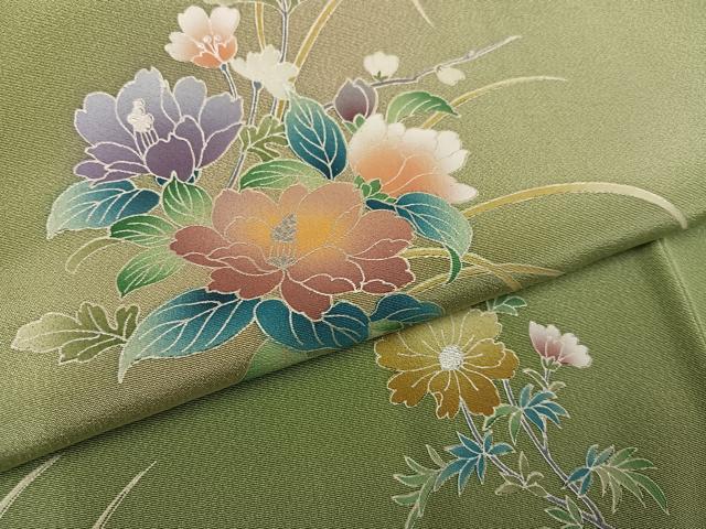 平和屋着物●訪問着 草花文 暈し染め 銀彩 正絹 逸品 AABF4495ph