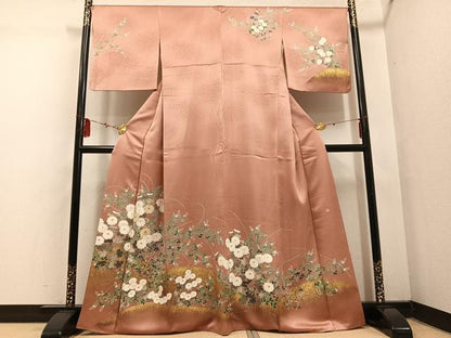 平和屋着物●訪問着 作家物 輝雄 駒刺繍 草花文 金彩 暈し染め 正絹 逸品 AABF4496ph