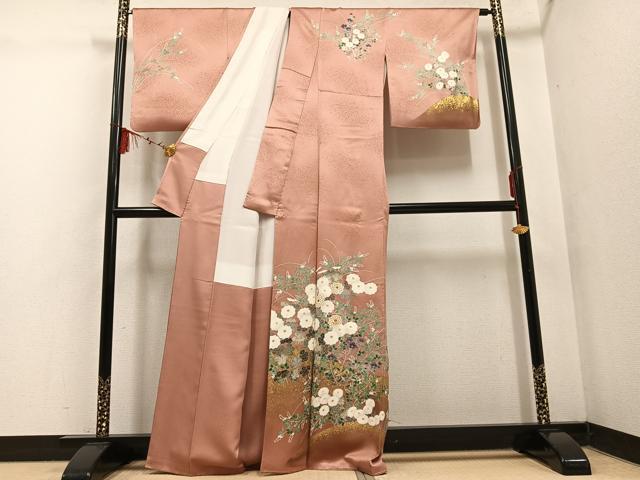 平和屋着物●訪問着 作家物 輝雄 駒刺繍 草花文 金彩 暈し染め 正絹 逸品 AABF4496ph