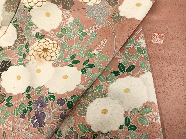 平和屋着物●訪問着 作家物 輝雄 駒刺繍 草花文 金彩 暈し染め 正絹 逸品 AABF4496ph