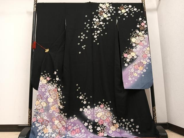 平和屋着物●豪華振袖 舞花文 暈し染め 黒地 金彩 ロング丈 正絹 逸品 AABF4501ph