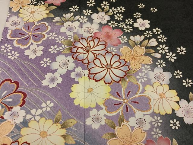 平和屋着物●豪華振袖 舞花文 暈し染め 黒地 金彩 ロング丈 正絹 逸品 AABF4501ph