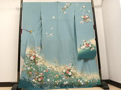 平和屋着物●豪華振袖 友禅 枝花文 暈し染め 正絹 逸品 AABF4516ph
