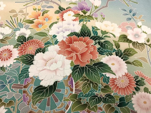 平和屋着物●豪華振袖 友禅 枝花文 暈し染め 正絹 逸品 AABF4516ph