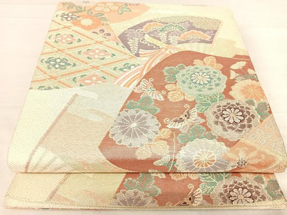 平和屋着物◎六通柄袋帯 几帳扇面能衣文 金糸 正絹 逸品 AABF4530yx