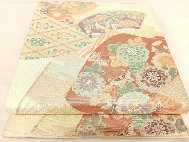 平和屋着物◎六通柄袋帯 几帳扇面能衣文 金糸 正絹 逸品 AABF4530yx