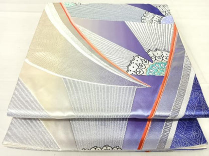 平和屋着物◎六通柄袋帯 唐織 手先長尺 抽象花文 銀糸 正絹 逸品 AABF4534yx