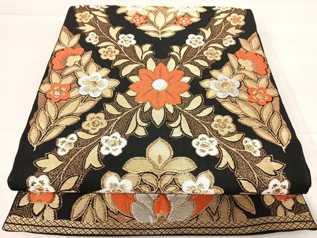 平和屋着物◎六通柄　本袋帯　草花文　黒地　金銀糸　正絹　逸品　AABF4537yx