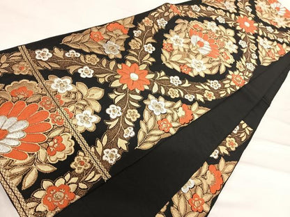 平和屋着物◎六通柄　本袋帯　草花文　黒地　金銀糸　正絹　逸品　AABF4537yx
