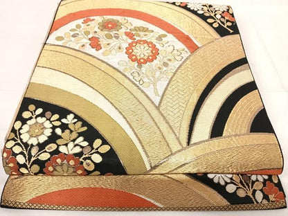 平和屋着物◎六通柄 本袋帯 草花文 黒地 金糸 正絹 逸品 AABF4539yx