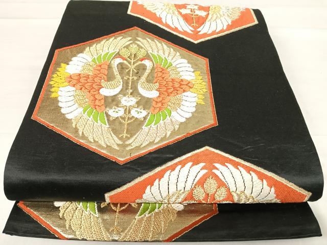平和屋着物◎六通柄袋帯 唐織 双鶴文 黒地 金銀糸 三越扱い 正絹 逸品 AABF4541yx