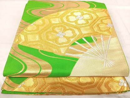 平和屋着物◎六通柄袋帯 扇面花文 金銀糸 正絹 逸品 AABF4542yx
