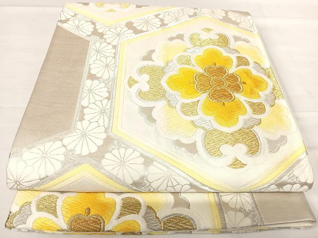 平和屋着物◎六通柄袋帯 唐織 亀甲花文 金銀糸 正絹 逸品 AABF4545yx