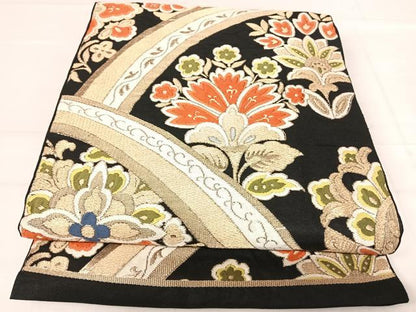 平和屋着物◎六通柄 本袋帯 更紗花文 黒地 金銀糸 正絹 逸品 AABF4546yx