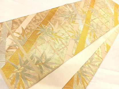 平和屋着物◎六通柄袋帯 唐織 笹竹文 金銀糸 正絹 逸品 AABF4561yx
