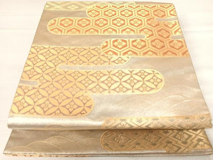 平和屋着物◎六通柄袋帯 エ霞吉祥文 金彩 正絹 逸品 AABF4574yx