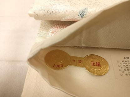 平和屋着物◎西陣 六通柄袋帯 唐織 能調小袖 花鳥文 銀糸 正絹 逸品 AABF4575yx