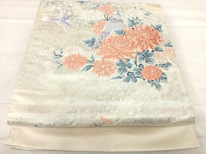 平和屋着物◎西陣 六通柄袋帯 唐織 能調小袖 花鳥文 銀糸 正絹 逸品 AABF4575yx