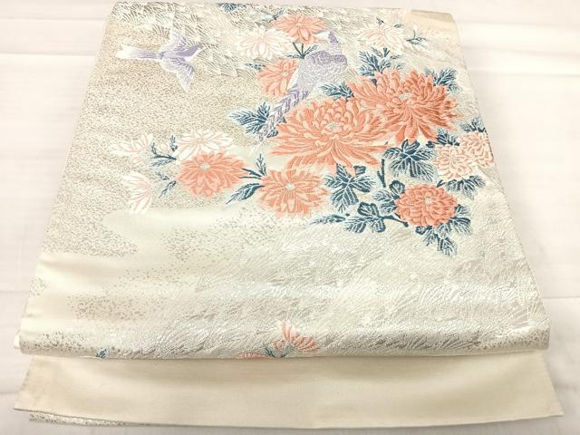平和屋着物◎西陣 六通柄袋帯 唐織 能調小袖 花鳥文 銀糸 正絹 逸品 AABF4575yx