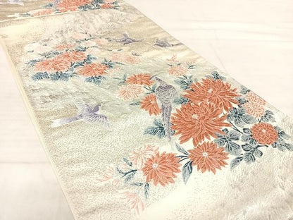 平和屋着物◎西陣 六通柄袋帯 唐織 能調小袖 花鳥文 銀糸 正絹 逸品 AABF4575yx