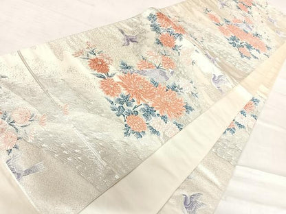 平和屋着物◎西陣 六通柄袋帯 唐織 能調小袖 花鳥文 銀糸 正絹 逸品 AABF4575yx