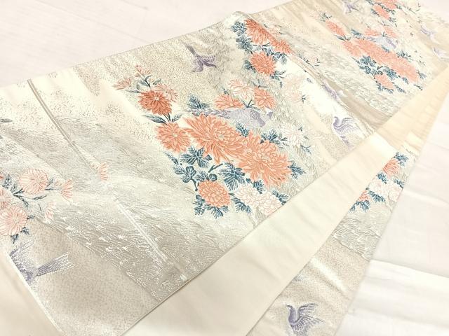 平和屋着物◎西陣 六通柄袋帯 唐織 能調小袖 花鳥文 銀糸 正絹 逸品 AABF4575yx
