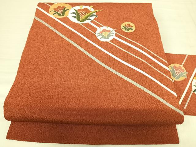 平和屋着物◎九寸名古屋帯 刺繍 花丸文 金彩 鬼しぼ縮緬 正絹 逸品 AABF4612yx