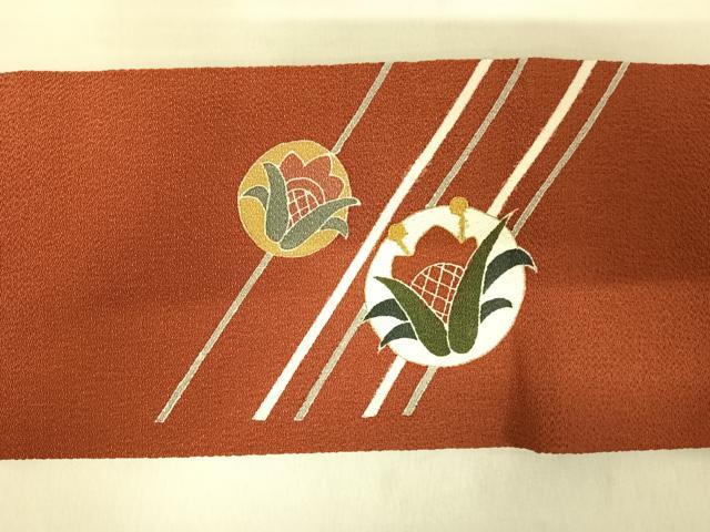 平和屋着物◎九寸名古屋帯 刺繍 花丸文 金彩 鬼しぼ縮緬 正絹 逸品 AABF4612yx