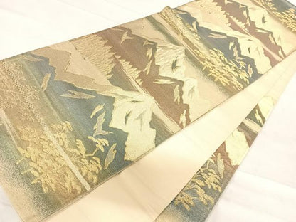 平和屋着物◎六通柄袋帯　遠山風景文　金糸　正絹　逸品　AABF4650yx