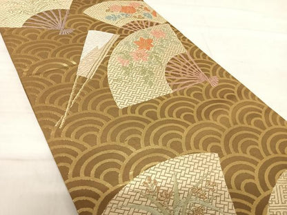 平和屋着物◎六通柄袋帯　唐織　扇面花文　金糸　正絹　逸品　AABF4665yx