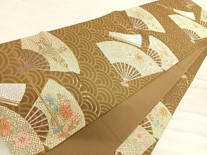平和屋着物◎六通柄袋帯　唐織　扇面花文　金糸　正絹　逸品　AABF4665yx