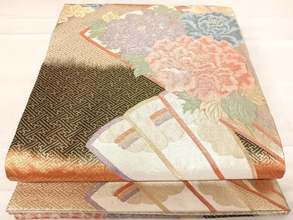 平和屋着物◎九百佐賀錦　六通柄袋帯　慶長　扇面花文　金銀糸　正絹　逸品　AABF4668yx