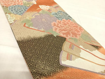 平和屋着物◎九百佐賀錦　六通柄袋帯　慶長　扇面花文　金銀糸　正絹　逸品　AABF4668yx