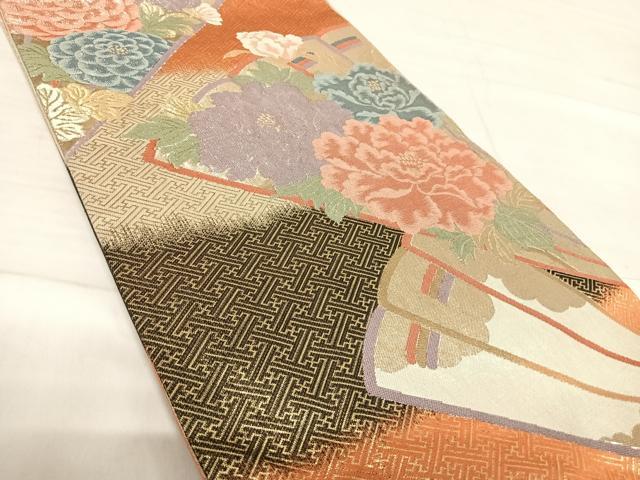 平和屋着物◎九百佐賀錦　六通柄袋帯　慶長　扇面花文　金銀糸　正絹　逸品　AABF4668yx