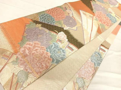 平和屋着物◎九百佐賀錦　六通柄袋帯　慶長　扇面花文　金銀糸　正絹　逸品　AABF4668yx