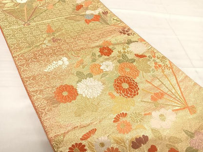 平和屋着物◎六通柄袋帯　唐織　扇面花文　金糸　正絹　逸品　AABF4693yx