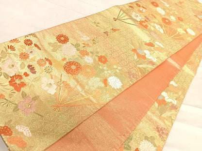 平和屋着物◎六通柄袋帯　唐織　扇面花文　金糸　正絹　逸品　AABF4693yx
