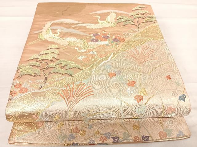 平和屋着物◎六通柄袋帯　唐織　飛鶴風景文　金糸　正絹　逸品　AABF4694yx