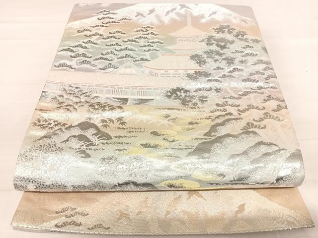 平和屋着物◎六通柄袋帯 風景文 錦プラチナ箔 正絹 逸品 AABF4697yx