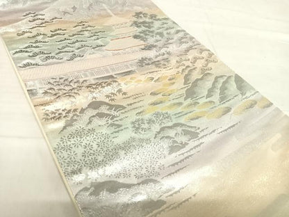 平和屋着物◎六通柄袋帯 風景文 錦プラチナ箔 正絹 逸品 AABF4697yx