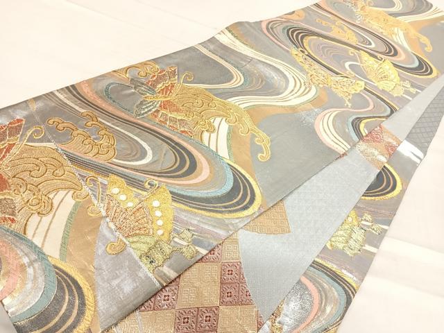 平和屋着物◎佐賀錦 六通柄袋帯 立波花蝶文 金銀糸 正絹 逸品 AABF4702yx