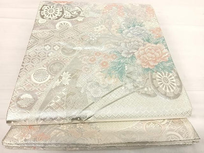 平和屋着物◎本佐賀錦 六通柄袋帯 花車文 プラチナ 正絹 逸品 AABF4706yx