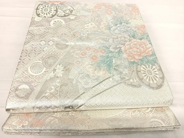 平和屋着物◎本佐賀錦 六通柄袋帯 花車文 プラチナ 正絹 逸品 AABF4706yx