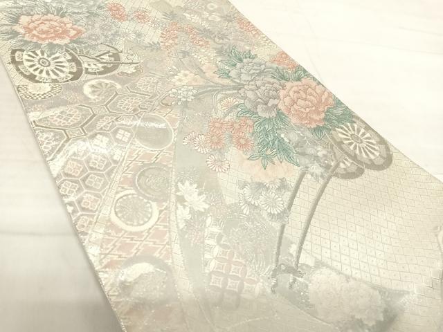 平和屋着物◎本佐賀錦 六通柄袋帯 花車文 プラチナ 正絹 逸品 AABF4706yx