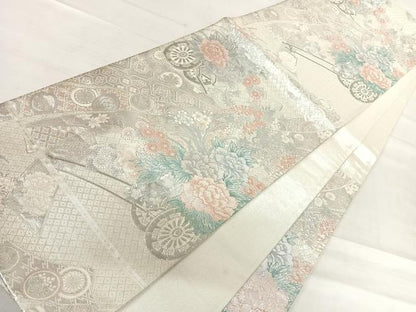 平和屋着物◎本佐賀錦 六通柄袋帯 花車文 プラチナ 正絹 逸品 AABF4706yx