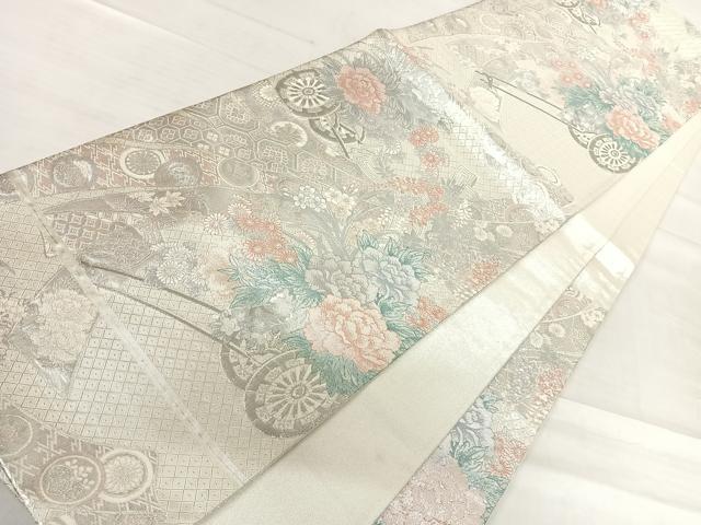 平和屋着物◎本佐賀錦 六通柄袋帯 花車文 プラチナ 正絹 逸品 AABF4706yx