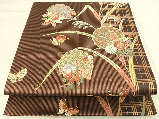 平和屋着物◎六通柄袋帯 唐織 花蝶文 金糸 正絹 逸品 AABF4708yx