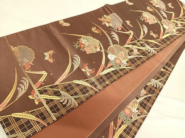 平和屋着物◎六通柄袋帯 唐織 花蝶文 金糸 正絹 逸品 AABF4708yx