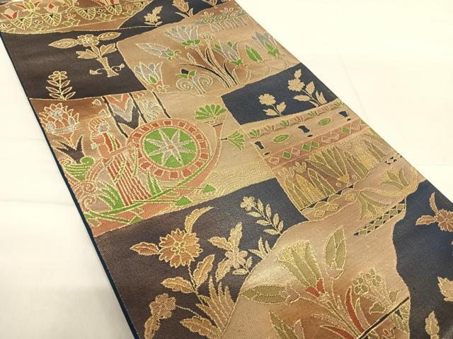 平和屋着物◎六通柄袋帯 人物風景文 金銀糸 正絹 逸品 AABF4710yx